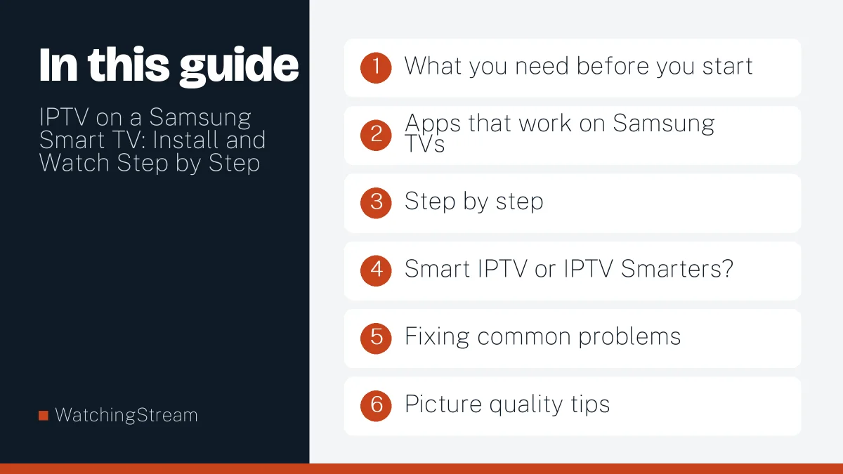What this guide covers: IPTV on a Samsung Smart TV: Install and Watch Step by Step